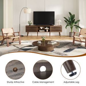 English Elm Mid Century Modern Fluted Wood Media Console with Storage Cabinets for Living Room Natural Walnut T3623P435373