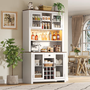 English Elm 70.9" Farmhouse Hutch Pantry with Led Lighting Wine Rack Mesh Doors and Built-in Power White CH361426AAK