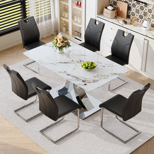 English Elm Switchable Base Glass Top Dining Set Six Pu Leather Armchairs Modern Minimalist W2920S00119