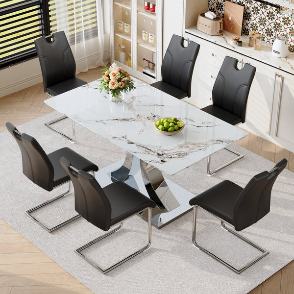 English Elm Switchable Base Glass Top Dining Set Six Pu Leather Armchairs Modern Minimalist W2920S00119