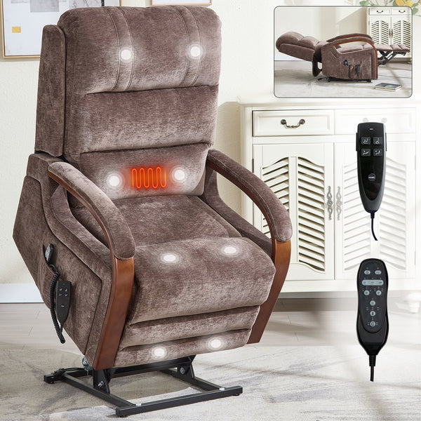 English Elm Power Lift Recliner Chair Chenille Upholstery Dual Motor Heat Massage Solid Wood Arms Brown W1803S00068
