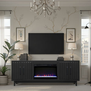 English Elm Radiance 75" Fireplace TV Stand for TVs up to 85" — Fluted Doors, 26" Electric Insert, Black Finish B108P345210