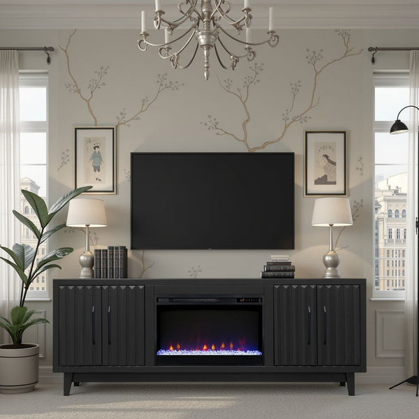 English Elm Radiance 75" Fireplace TV Stand for TVs up to 85" — Fluted Doors, 26" Electric Insert, Black Finish B108P345210
