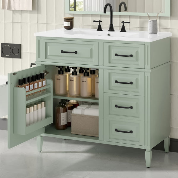 English Elm 36-Inch Modern Bathroom Vanity With Ceramic Sink, Adjustable Shelves, Flip Drawers & Metal Handles N725P350849F