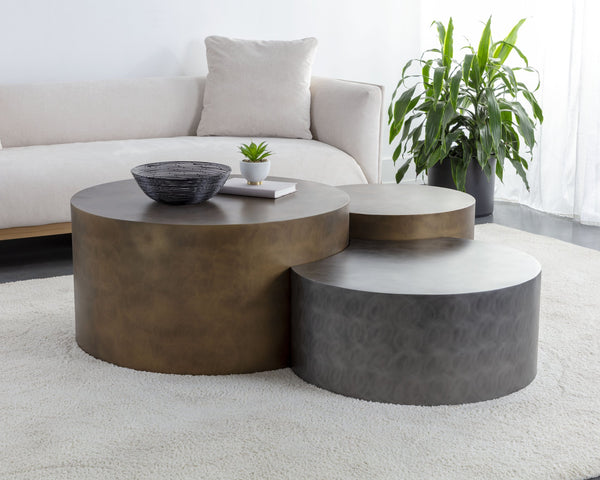 Sunpan Neo Coffee Tables Set of 3 – Staggered Heights, Unique Handcrafted Designs in Antique Brass & Nickel