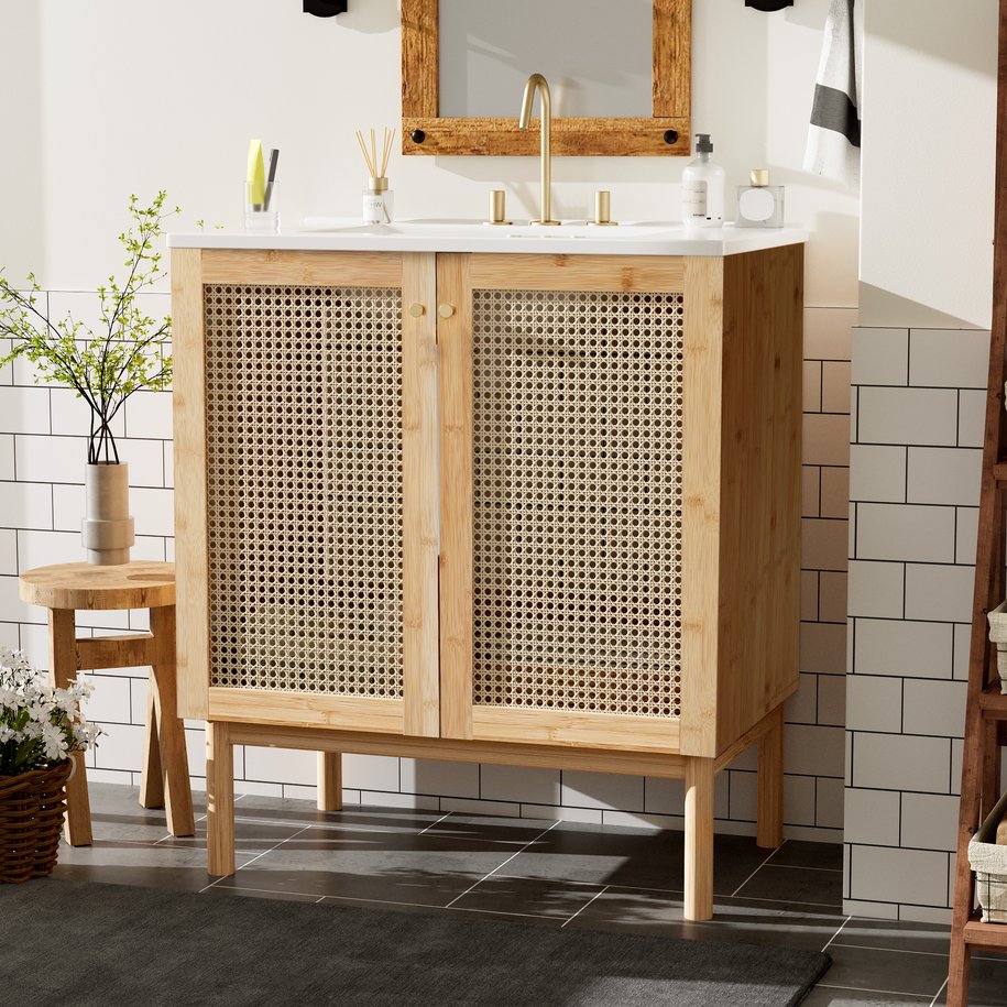 English Elm 30-inch bamboo bathroom vanity with handwoven rattan doors, soft-close hinges, ample storage beauty WF530472AAD
