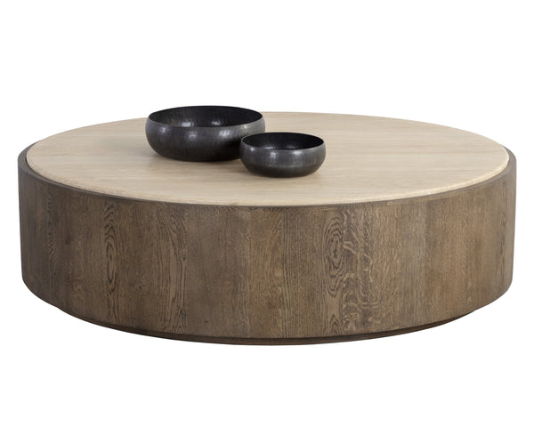 Sunpan Oberon Coffee Table – Handcrafted Round Design with Solid Travertine Top and Oak Veneer Base Large - W x 60D x 17H
