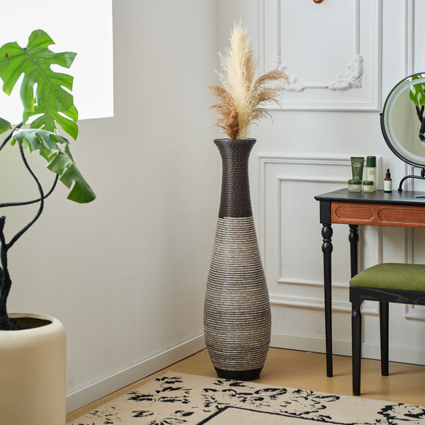 English Elm 39-Inch Tall Standing Designer Floor Vase with Brushed Gold Accents, Durable PVC Rattan Texture, Elegant Home Accent Black+ Gray W2796P193948