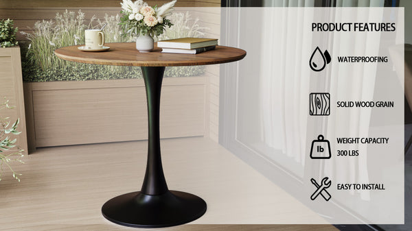 English Elm 31.5" Walnut Tulip Dining Table – Mid-Century Round MDF Top, Black Pedestal, Seats 2-4, Sturdy W2189P303505