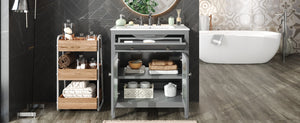 English Elm Christopher Knight Home® - 30" Bathroom Vanity with Ceramic Sink, Solid Wood Legs, Adjustable Shelf, Tip-Out Tray, Soft-Close Hinges, Silver Knobs, Moisture-Resistant Finish Gray N817P286250G