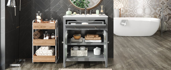English Elm Christopher Knight Home® - 30" Bathroom Vanity with Ceramic Sink, Solid Wood Legs, Adjustable Shelf, Tip-Out Tray, Soft-Close Hinges, Silver Knobs, Moisture-Resistant Finish Gray N817P286250G