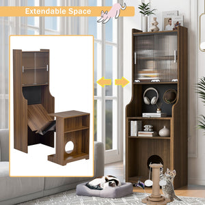 English Elm Modern Wooden Foldable Desk with Hutch Walnut Mid-Century Extendable Workstation LED Shelves Cat Bed N843MP001W