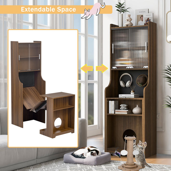 English Elm Modern Wooden Foldable Desk with Hutch Walnut Mid-Century Extendable Workstation LED Shelves Cat Bed N843MP001W