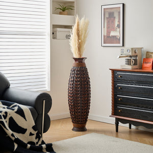 English Elm A 39-inch hand-woven bamboo floor vase in Acacia Wood PVC finish — 37.75" tall modern rattan decor for entryway W2796P283884