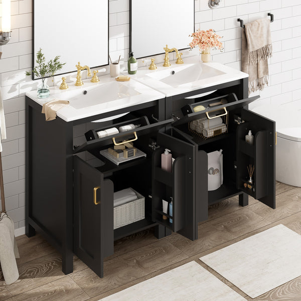 English Elm Modern 48 Inch Freestanding Bathroom Vanity Dual Ceramic Sinks Soft Close Gold Handles Black N729P000008B