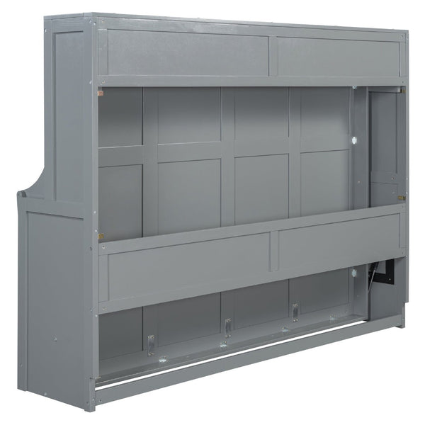 English Elm Queen Size Murphy Bed With Hydraulic Lift & Integrated Desk - Space-Saving Gray Design For Versatile Living N820S00033E-GIGA