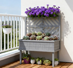 English Elm Self-draining Elevated Fir Wood Planter with Lattice Trellis for Backyard Gardens T3971P422349