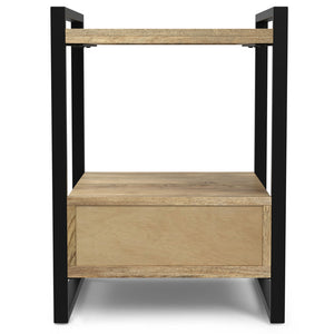 English Elm Riverside Handcrafted Mango Wood Bedside Table with Black Metal Frame, Drawer & Open Storage — Natural Finish B136P203433