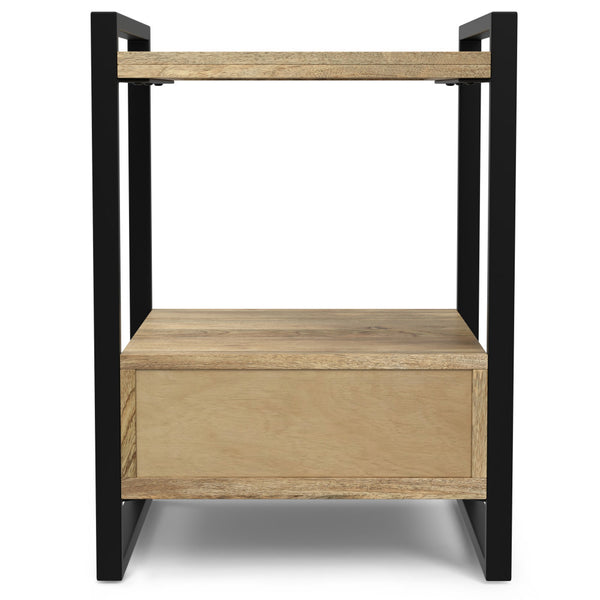 English Elm Riverside Handcrafted Mango Wood Bedside Table with Black Metal Frame, Drawer & Open Storage — Natural Finish B136P203433