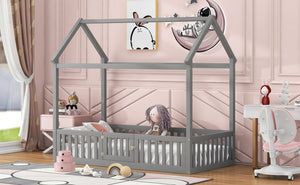English Elm Twin Pine House Bed with Roof, Fence & Door — Enclosed Playful Design for Cozy Sleep and Imagination Gray WF531501AAE