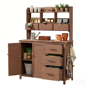 English Elm (with Hutch) Topamx Solid Fir Potting Bench Patio Workstation Spice Rack Drawer Brown N717P404331D
