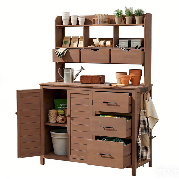 English Elm (with Hutch) Topamx Solid Fir Potting Bench Patio Workstation Spice Rack Drawer Brown N717P404331D