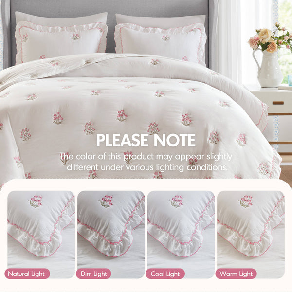 English Elm 3-piece Floral Embroidered Quilt Set Ruffled Trim Romantic Bedding for Full Queen Beds White+Pink B035P463192