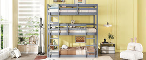 English Elm Triple Rubber Wood Bunk Bed with Built-In Ladders and Guardrails Maximizes Space for Families, Durable Design Grey W504S00174
