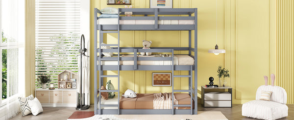 English Elm Triple Rubber Wood Bunk Bed with Built-In Ladders and Guardrails Maximizes Space for Families, Durable Design Grey W504S00174
