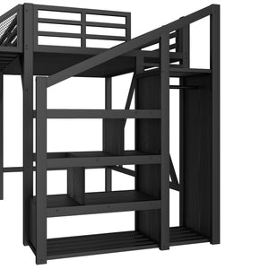 English Elm Twin Metal Loft Bed with Wardrobe Storage Stairs Led Lighting and Usb Ports W1580S00405
