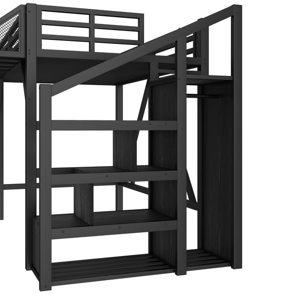 English Elm Twin Metal Loft Bed with Wardrobe Storage Stairs Led Lighting and Usb Ports W1580S00405