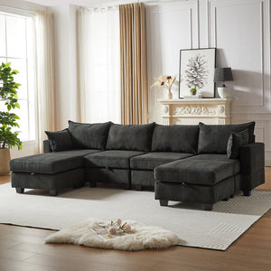 English Elm 113.5'' Modular Sectional Sofa with Storage Ottoman, Convertible U or L Shape Sleeper for 6 Seats Black W834S00250