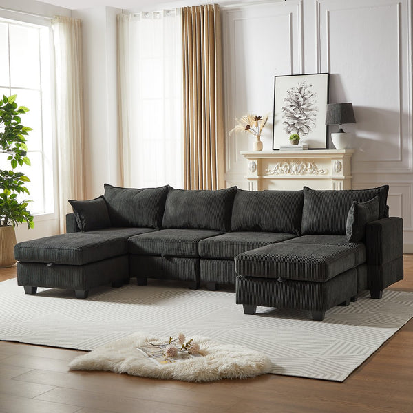 English Elm 113.5'' Modular Sectional Sofa with Storage Ottoman, Convertible U or L Shape Sleeper for 6 Seats Black W834S00250