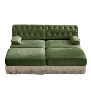 English Elm With Tufted Velvet Sectional Sofa Two Ottomans Tassel Skirt French Chesterfield Living Room Green W714S01745