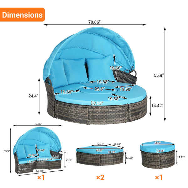 English Elm 5 Piece Outdoor Wicker Daybed Set with Retractable Canopy and Quick Dry Cushions Light Blue W874S00038