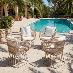 English Elm Outdoor Wicker Dining Chair with Fan Back Teak Finish Steel Frame and Cushion Included N770P385227B