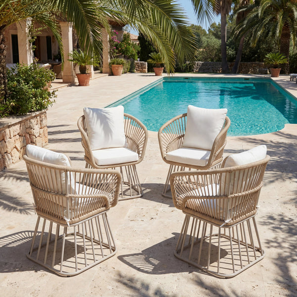 English Elm Outdoor Wicker Dining Chair with Fan Back Teak Finish Steel Frame and Cushion Included N770P385227B