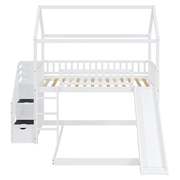English Elm Twin Over Full Bunk Bed Playhouse Frame with Slide Staircase and Storage Drawers LT100129AAK
