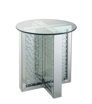 English Elm Nysa Glam Round End Table with Crystal Inlays Mirrored Pedestal and Tempered Glass Top B2726P446707