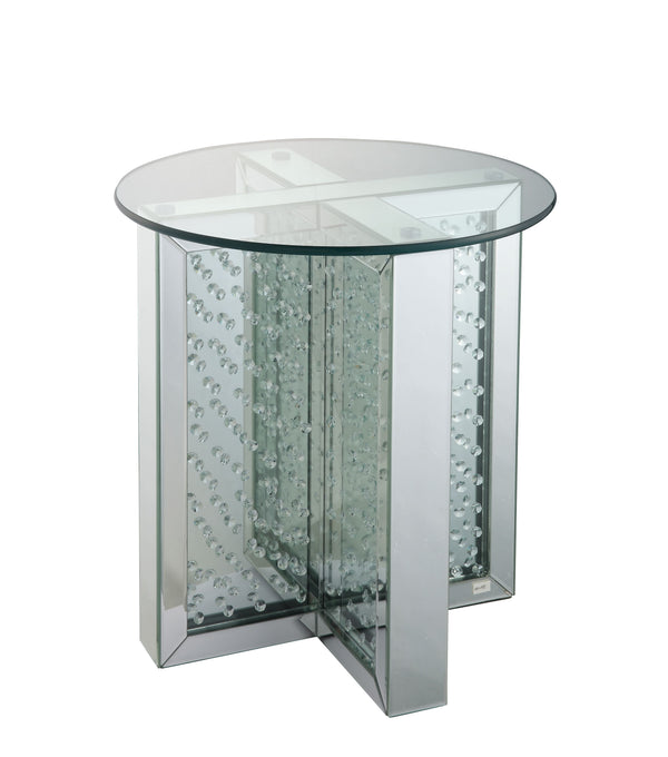 English Elm Nysa Glam Round End Table with Crystal Inlays Mirrored Pedestal and Tempered Glass Top B2726P446707