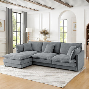 English Elm Modern Sectional Convertible Sofa with Ottoman, Oversized L-Shaped 4-Seater Towel Fabric Comfort Grey W1413S00079