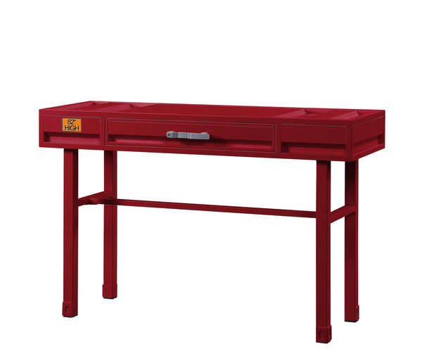 English Elm Cargo Red Finish Vanity Desk with Metal Frame, Drawer Storage & Iron Plate Top for Stylish Durability B2726P263386