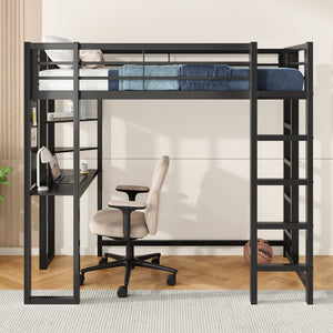 English Elm Loft Bed With Desk And Storage, Metal Twin Loft Frame For Kids Teens - Stylish Space Saver In Black W2904S00002