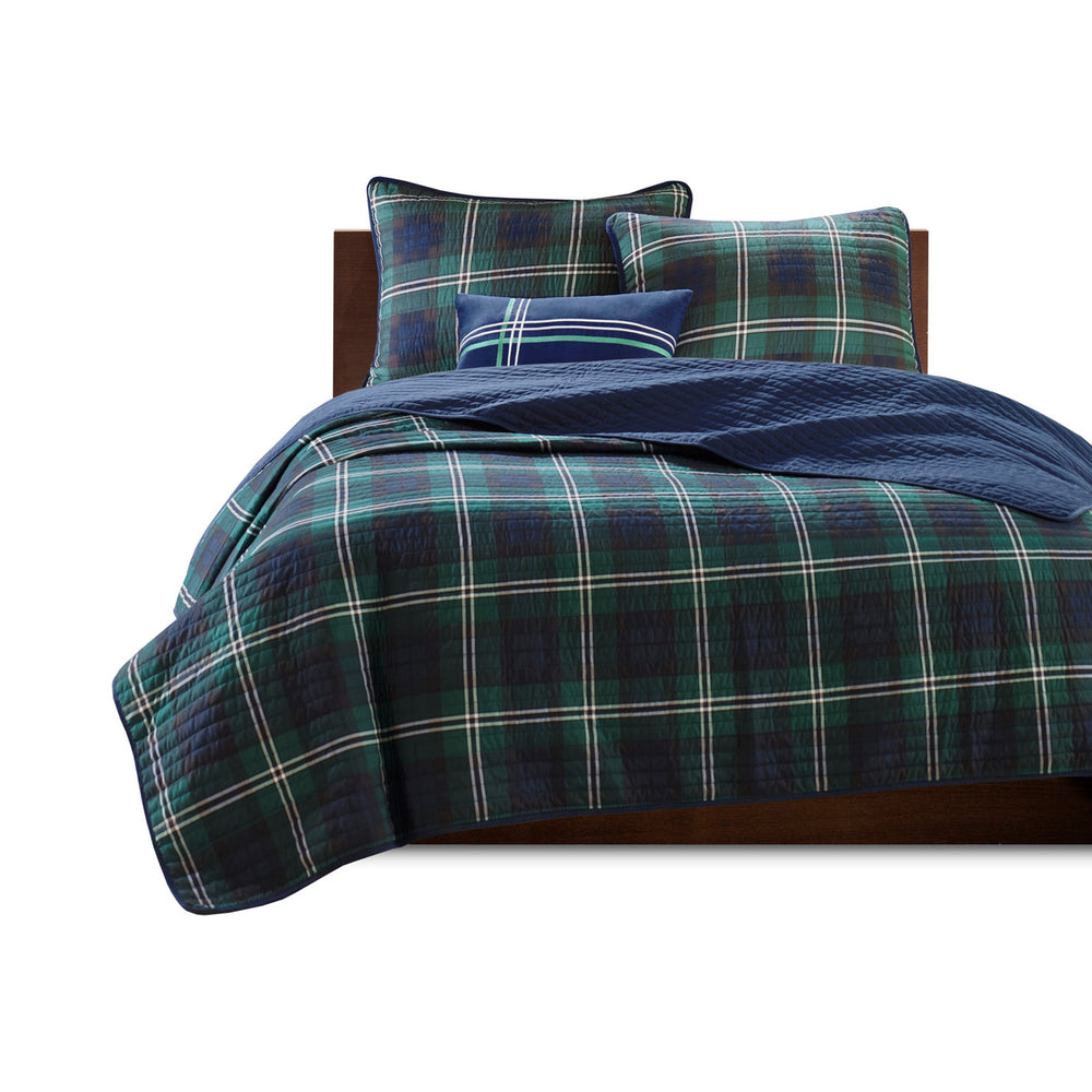 JLA Home Mi Zone - Reversible quilt set with plaid face and solid reverse, pre-washed cotton fill, antimicrobial finish, cabin-inspired style 90 L x 86 W x 0.25H MZ80-294