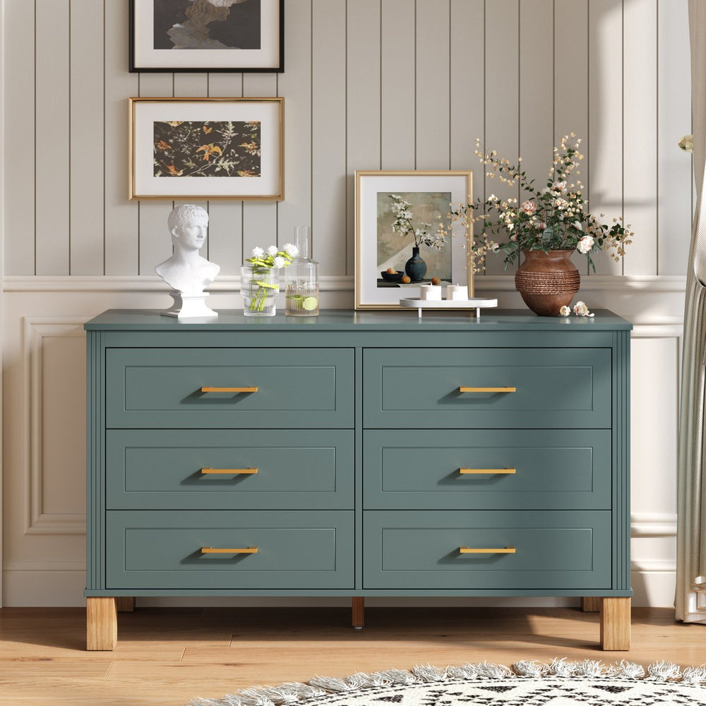 English Elm 6-drawer Solid Wood Dresser Mid-century Modern Gray Finish with Metal Bar Handles Light Green W1445P419755