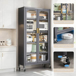 English Elm 65" Metal Pantry Cabinet with Transparent Doors, 6-Tier Adjustable Shelves, Locking Wheels, Gray W3204P300623