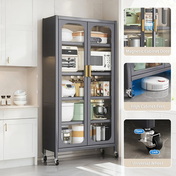 English Elm 65" Metal Pantry Cabinet with Transparent Doors, 6-Tier Adjustable Shelves, Locking Wheels, Gray W3204P300623