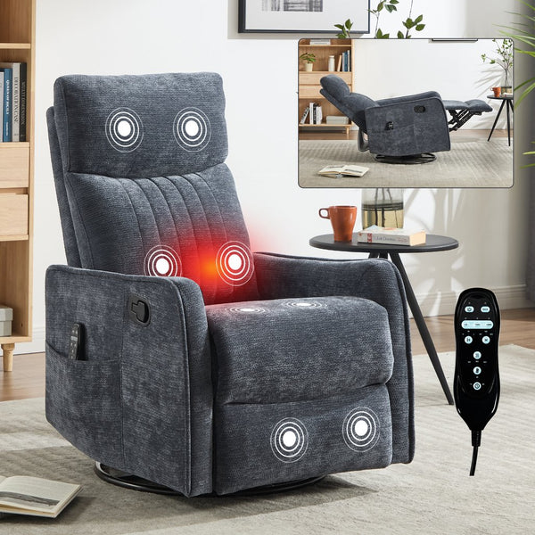 English Elm Blue Fabric Swivel Rocker Recliner with Massage Heat Nodes for Living Room Comfort Blue W1803P321823