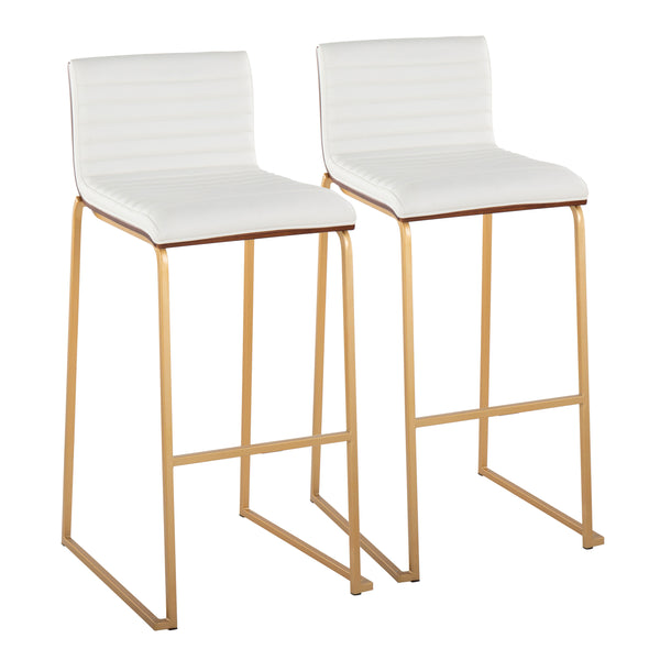 English Elm Mason Mara 30" Fixed-Height Barstools - Set Of 2 In Gold Metal, Walnut Wood & White Faux Leather B202P222247