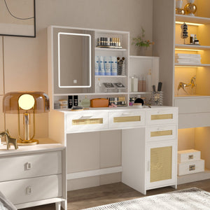 English Elm Makeup Vanity with Lights, Openable Mirror & Ample Storage Shelves, 4 Drawers and Cabinet Elegance White W2227P160483